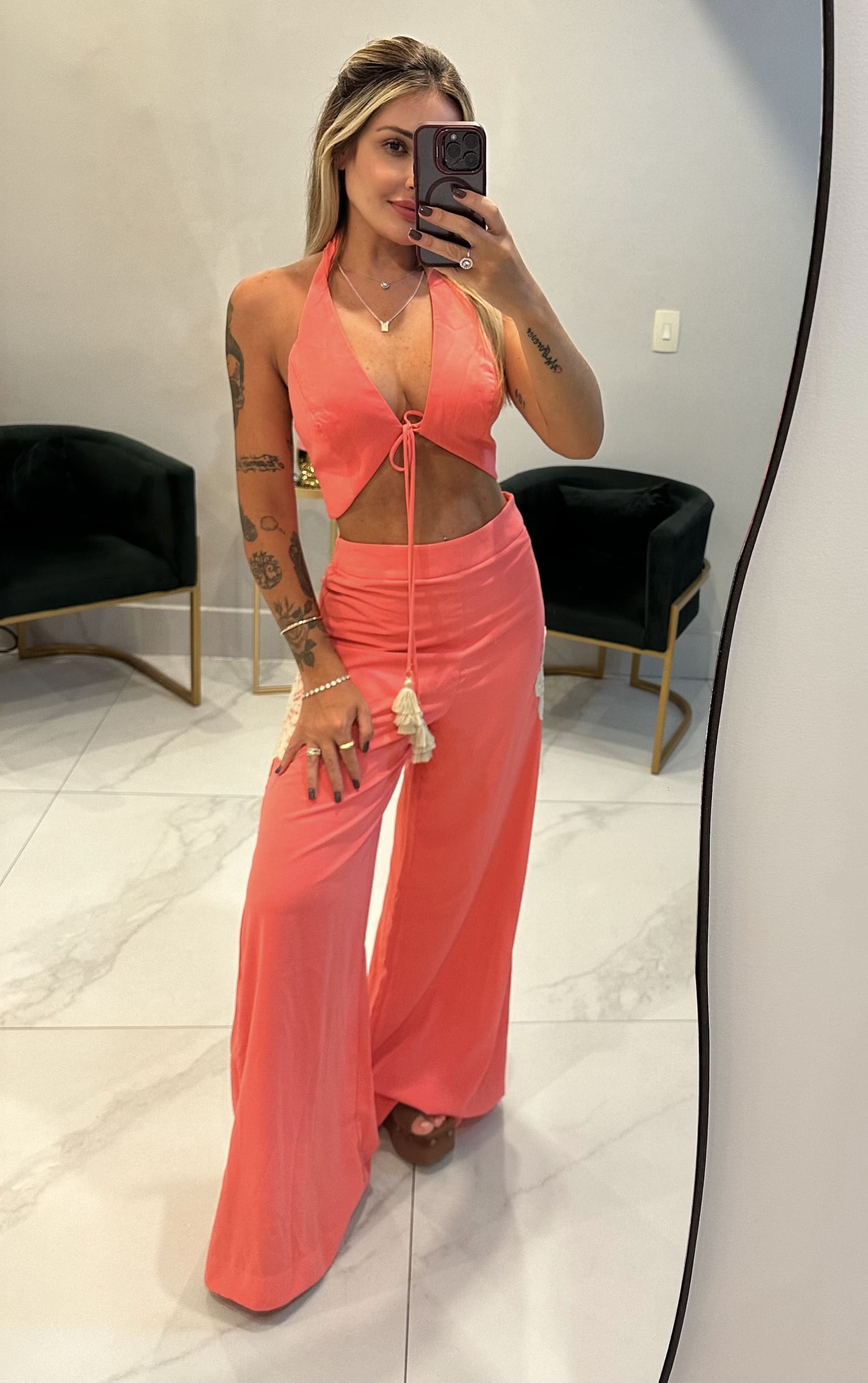 Conjunto Pantalona Flor/Crochê